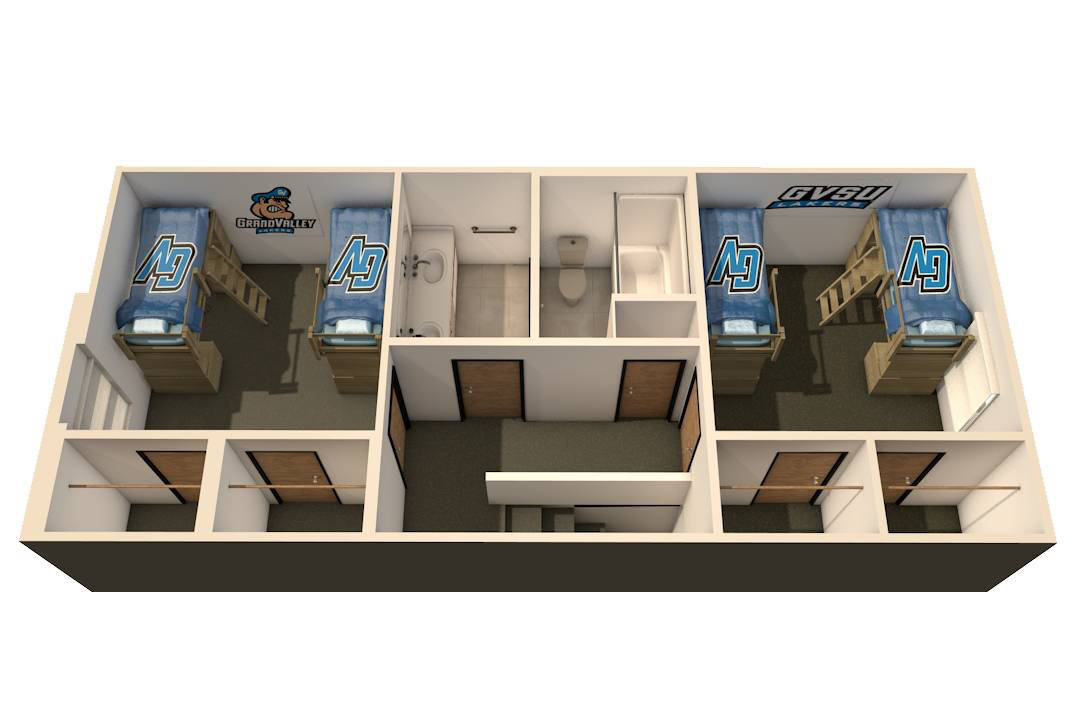 2nd floor style of Laker Village 2 bedroom 4 person apartment with two bedrooms, each with two beds, and a bathroom. The sinks are separate from the toilet and shower area in the bathroom.
